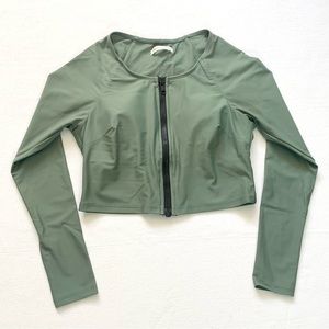 Veronica Beard Misali Long Sleeve Zip-up Crop Swim Rash Guard Shirt Green Size L